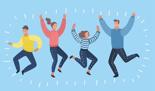 A group of excited cartoon people leaping in the air