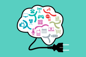 A graphic of a brain being plugged in